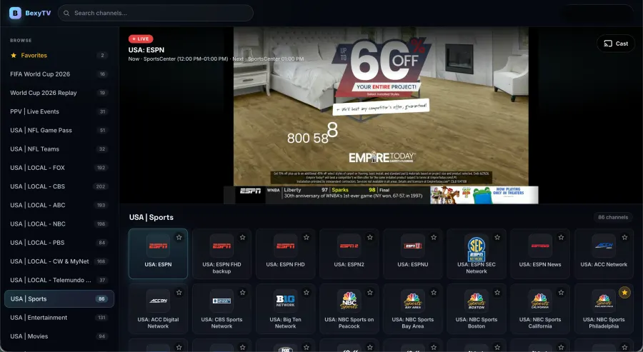 BexyTV Web Player 4K Interface